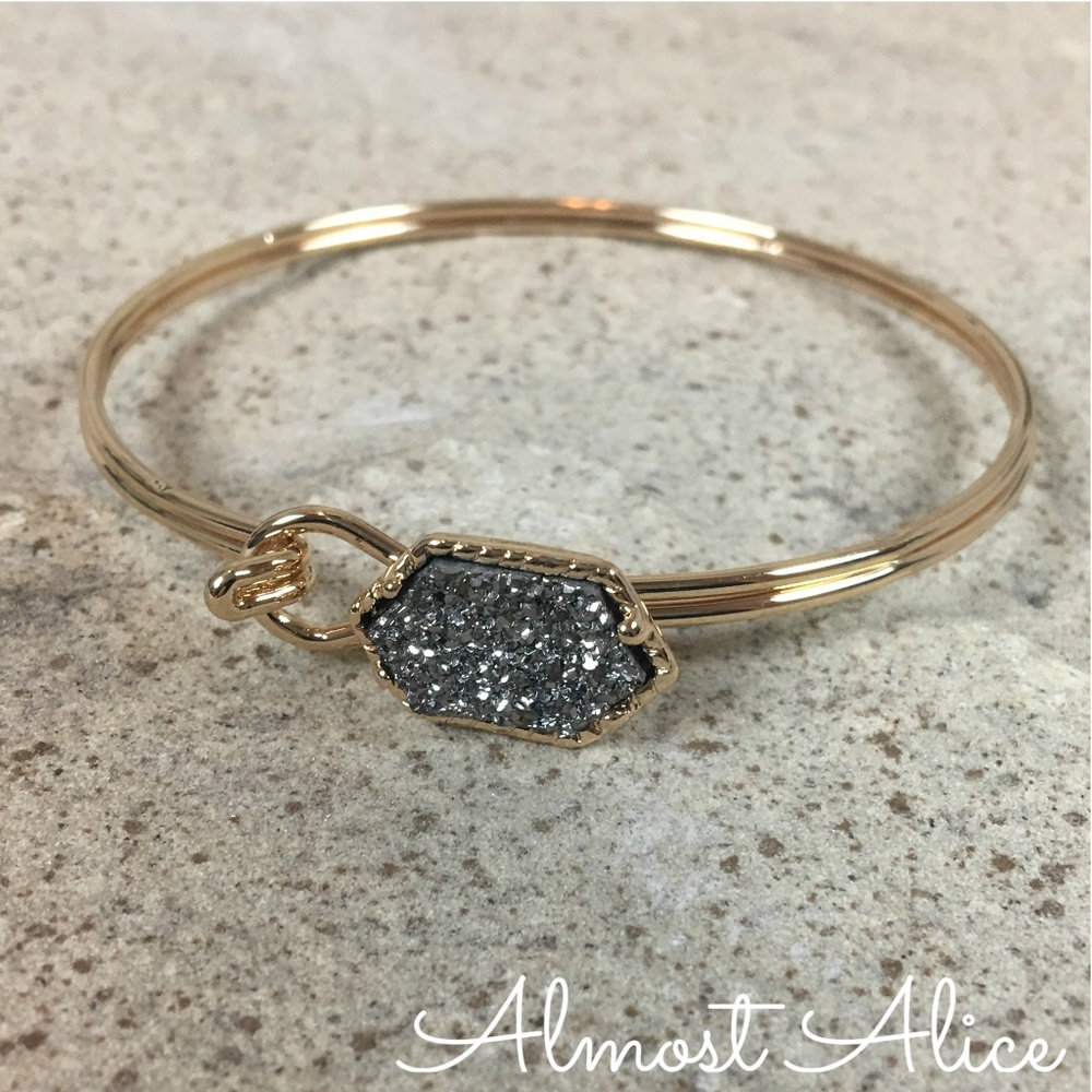 Gray Druzy Crystal Gold Bangle Bracelet